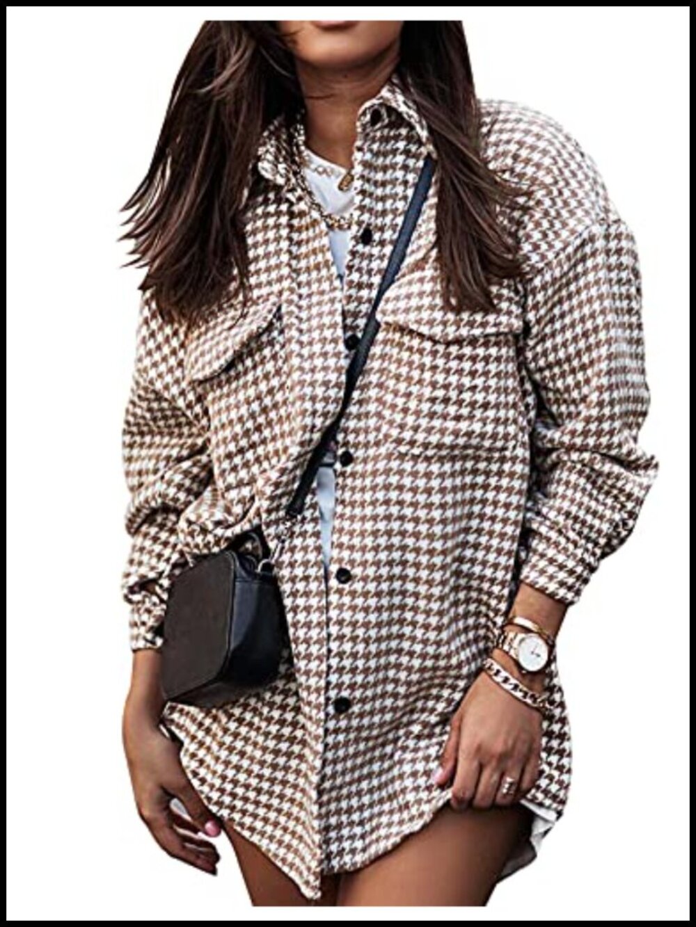 Womens Houndstooth Plaid Shacket Button Down Flannel Casual Fall Coat